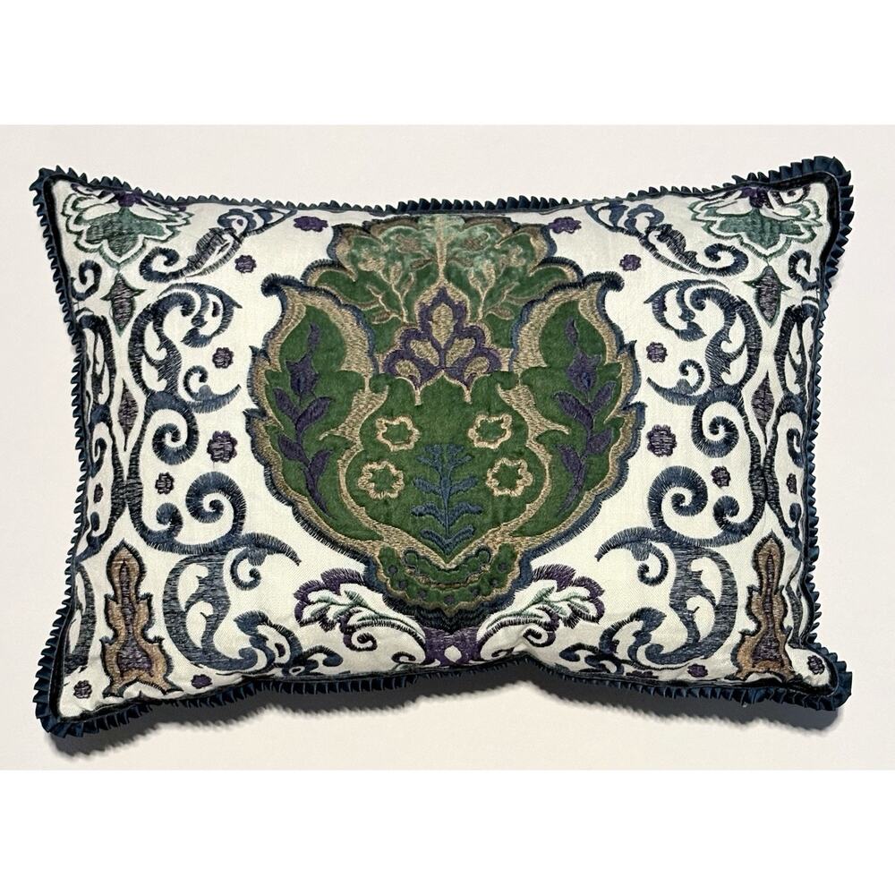 Vintage Pier 1 Cut Velvet Scroll Lumbar Throw Pillow Embroidery Green Blue 18”